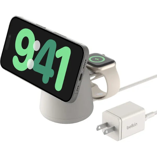 Belkin 2-in-1 Qi2 Wireless Charging Dock – 15W Fast Charge for iPhone 17–13, AirPods & Qi2 Devices, Includes Power Supply