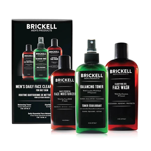 Brickell Men's Daily Face Cleanse Routine for Oily Skin, Alcohol Free Toner, Gel Facial Wash and Moisturizer, Natural and Organic