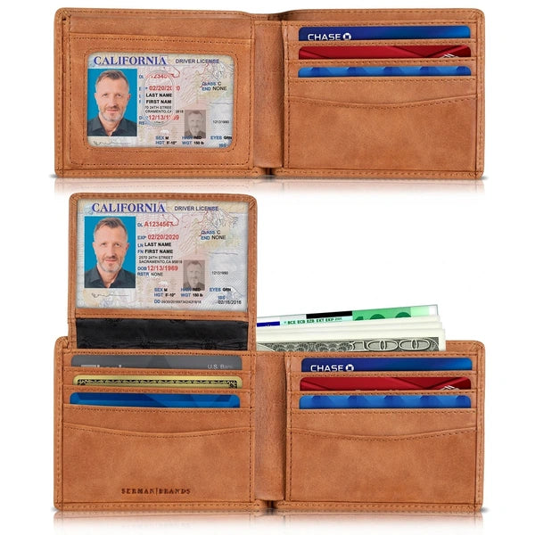 Serman Brands RFID Blocking Wallet for Men - Premium Full Grain Leather with 2 ID Windows, Bifold Top Flip