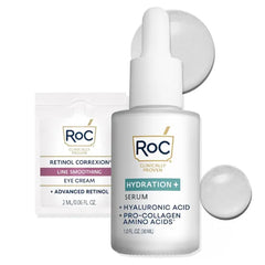 RoC Hydration+ Hyaluronic Acid Hydration & Anti-Aging – Night Serum Capsules, Plumping Face Serum & Replumping Serum Stick with Retinol Eye Cream Packette