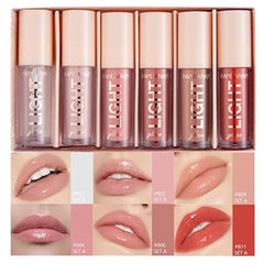 BANGFENG 6PCS Lip Oil Light Lipgloss Set, Moisturizing Hydrating Lip Glow Oil Lip Gloss Kit High Shine Lip Plumping Glass Finish Liquid Lipstick for Women