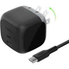 Belkin USB-C 65W Super Fast Charging Block – Type C Wall Charger with Cable for iPhone 17, iPad, MacBook, Galaxy S25, Pixel 10, Nintendo Switch 2 & More – Black