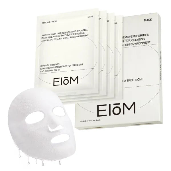 EIOM Trouble Patch Mask – Full Face Sheet Mask for Acne-Prone Skin | Sebum-Absorbing Oil Control, Pore Purifying, Tea Tree Biome, Korean Skincare Acne Face Mask, Hydrocolloid-Infused Sheet (20ml x 4)