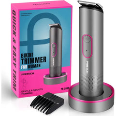 PRITECH Bikini Trimmer for Women - Rechargeable Pubic Hair Trimmer for Sensitive Skin, Wet&Dry Use, Pain-Free Electric Razor&Shaver with Standing Recharge Dock, Ideal Gift for Women
