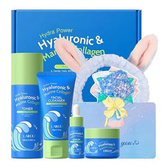 LAIKOU Hydra Power Skin Care Set Hyaluronic & Marine Collagen Skin Care Skin Care Kit with Facial Cleanser, Serum, Toner, Cream, Eye Cream Non Greasy, Fragrance Free Beauty Gift
