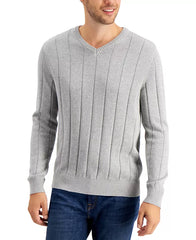 Men's Drop-Needle V-Neck Cotton Sweater