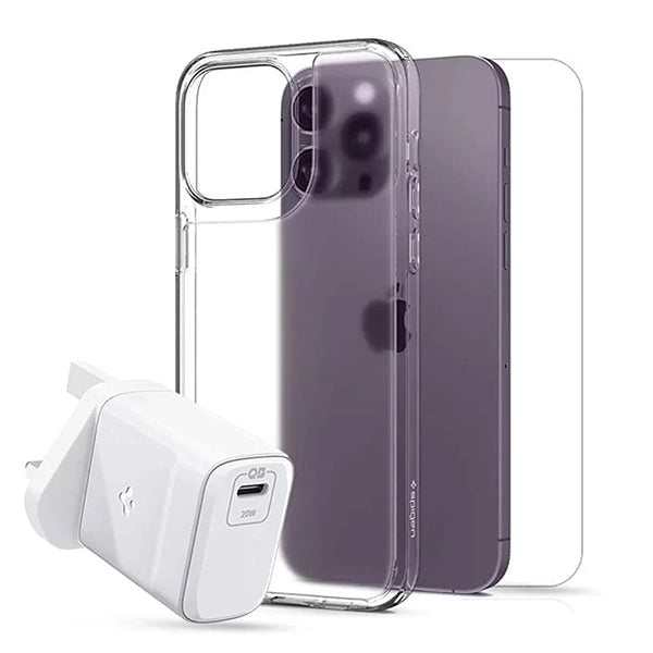 Spigen Bundle Pack for iPhone 14 Pro Max Crystal Flex Case + Glass TR Screen Protector + Power Adapter 20W Charger