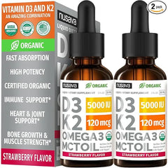 NUSAVA Organic Vitamin D3 K2 Drops with MCT Oil Omega 3, 5000 IU, Maximum Strength Vitamin D Liquid, No Fillers, Non GMO Liquid D3 for Faster Absorption, Immune Support