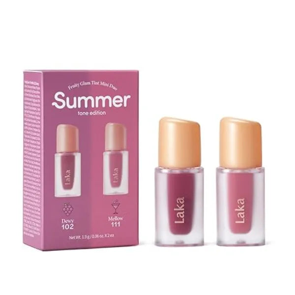 Laka Fruity Glam Tint Mini Duo, Glowing Lip Stain with Wide Color Spectrum, Hydrating & Lightweight Texture, Buildable Color, Non Sticky,K Beauty