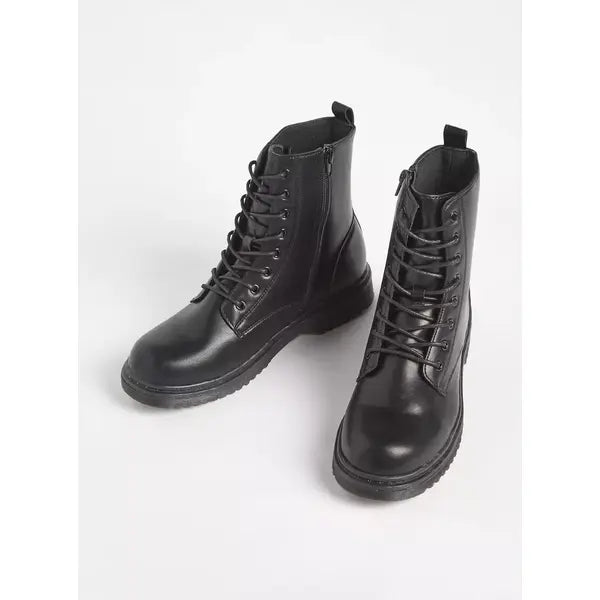 MAX FASHION Plain Ankle Boots with Lace-Up Closure-Black
