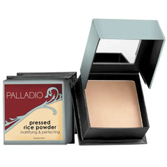 Palladio, Pressed Rice Powder with Mirror Mattifying Makeup Setting that Lasts All Day Instantly Absorbs Oil Works alone or with makeup, Translucent, 0.26 Ounce