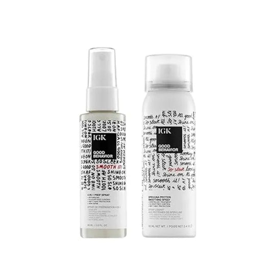 IGK GOOD BEHAVIOR Smoothing Frizz Fighters Set 4 in 1 Prep Spray + Spirulina Protein Smoothing Spray Frizz Control + Heat Protectant Vegan