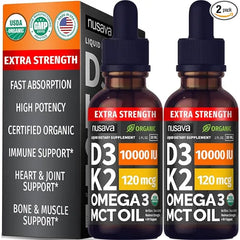 NUSAVA Organic Vitamin D3 K2 Drops with MCT Oil Omega 3, 5000 IU, Maximum Strength Vitamin D Liquid, No Fillers, Non GMO Liquid D3 for Faster Absorption, Immune Support