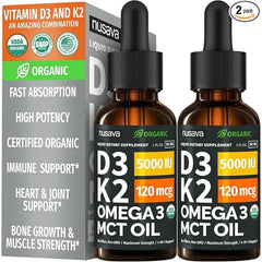 NUSAVA Organic Vitamin D3 K2 Drops with MCT Oil Omega 3, 5000 IU, Maximum Strength Vitamin D Liquid, No Fillers, Non GMO Liquid D3 for Faster Absorption, Immune Support