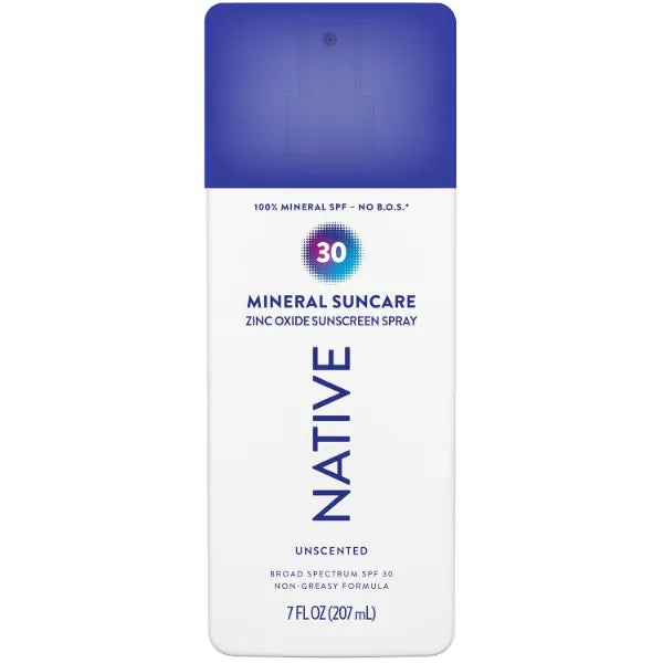 Native Sunscreen Pump Spray, SPF 30, 100% Mineral SPF for Face & Body Broad Spectrum UVA UVB for Men & Women - 7oz