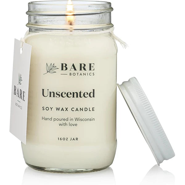 Bare Botanics 16 oz Natural Soy Candles – Unscented, Warm Vanilla Oak & Yuzu Mandarin – Hand-Poured Mason Jar Candles with Plant-Based Fragrance, Lead-Free Wick & 85-Hour Burn Time