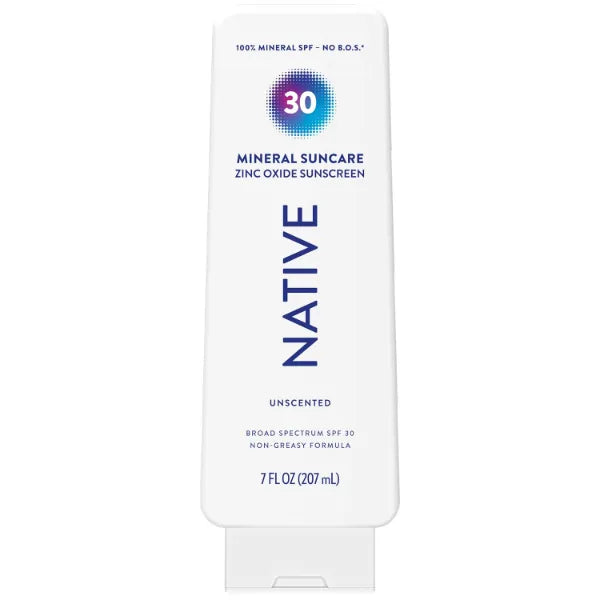 Native Sunscreen Lotion, SPF 30, 100% Mineral SPF for Face & Body Broad Spectrum UVA UVB for Men & Women, Suitable for Sensitive Skin & Hawaii Compliant, 7oz