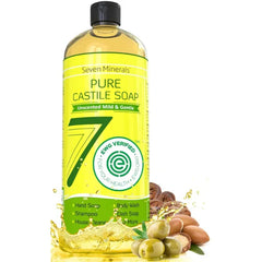 Seven Minerals Pure Castile Soap - No Palm Oil, GMO-Free - Gentle Liquid Soap For Sensitive Skin & Baby Wash - All Natural Vegan Formula with Organic Carrier Oils (33.8 fl oz)