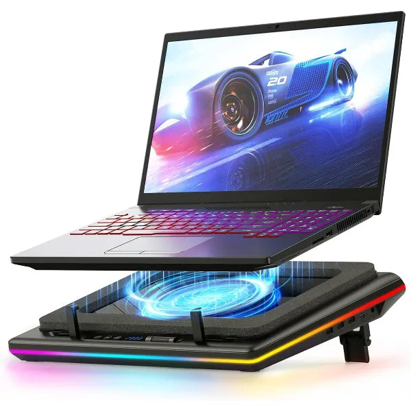 llano V12 Laptop Cooling Pad – High-Speed 5.5″ Turbo Fan, Adjustable Speed & Touch Control, LCD Screen, 3-Port USB Hub, Seal Foam | Gaming Laptop Cooler for 15–19″ Laptops (RGB & Non-RGB, Black & White