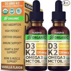 NUSAVA Organic Vitamin D3 K2 Drops with MCT Oil Omega 3, 5000 IU, Maximum Strength Vitamin D Liquid, No Fillers, Non GMO Liquid D3 for Faster Absorption, Immune Support