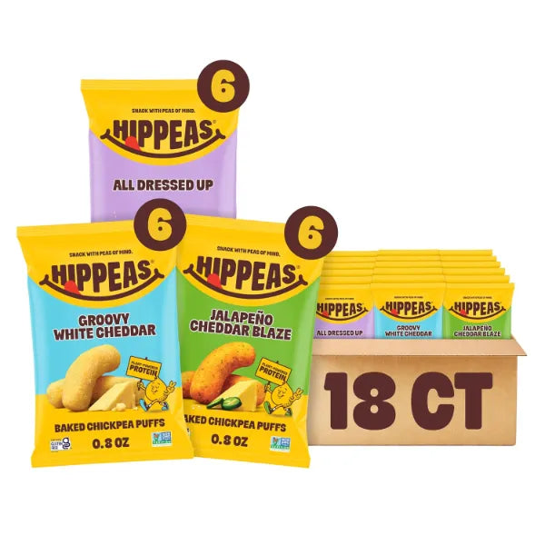 Hippeas Chickpea Puffs, Variety Pack, Groovy White Cheddar, Jalapeño Cheddar, All Dressed, 18 x 0.8 oz, Baked Crunchy Chickpea Snacks, 3g Plant Protein, 2g Fiber & 50% Less Fat, Dairy & Gluten Free