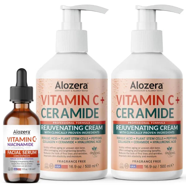 Alozera Vitamin C Body Lotion (2-Pack) and Vitamin C Serum with Niacinamide and Ferulic Acid – Hydrating and Radiance Skincare Duo for Face, Neck and Body, Lightweight, Fragrance-Free