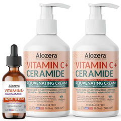 Alozera Vitamin C Body Lotion (2-Pack) and Vitamin C Serum with Niacinamide and Ferulic Acid – Hydrating and Radiance Skincare Duo for Face, Neck and Body, Lightweight, Fragrance-Free