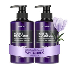 KUNDAL Honey & Macadamia Natural Conditioner Korean Hair Care Damage Repair, Deep Hydration, Long Lasting Fragrance, with Honey, Argan Oil, Macadamia Oil 16.9fl oz (Pack of 2) (White Musk)