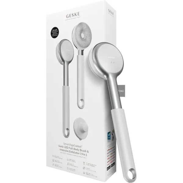 GESKE LED Sonic Full Body Brush 9 in 1 Body Cleansing Brush & Intensive Exfoliator with LED with SmartSonic Pulsations Expert Deep Cleansing & Massage Rough Skin Remover Adjustable Handle