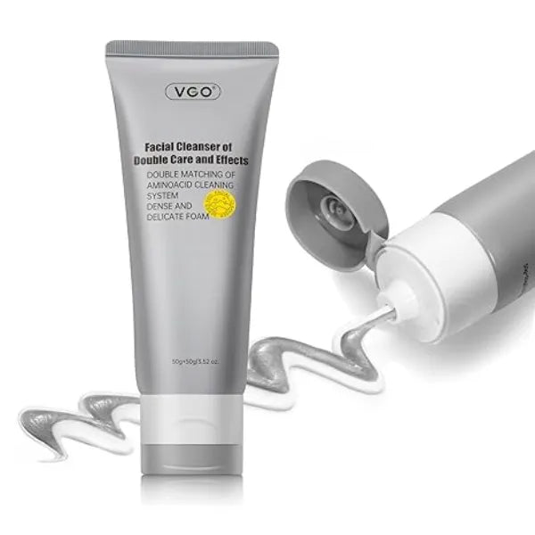 VGO Facial Cleanser, Daily Face Wash for Deep Pore Cleanser and Makeup Remover for Sensitive Oily Skin, Double Tube Design with Hyaluronic Acid