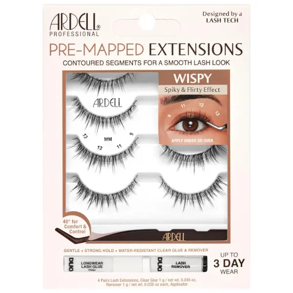 Ardell Pre-Mapped Eyelash Extensions Kit - False Lashes Doll Eye, Reusable Segmented Lash Strips, Long-Lasting with Lash Glue and Remover, 4 Pack