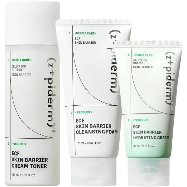 Zipiderm EGF Skin Barrier 3-Step Hydration Routine Set – Deep Cleansing Foam + Cream Toner + Hydrating Gel Cream Moisturizer, Korean Gentle Cleanse–Tone–Moisturize Duo for Sensitive, Dry & Acne-Prone