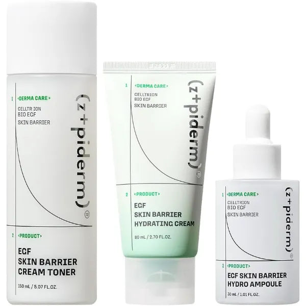 Zipiderm EGF Skin Barrier Moisture Layering Set – Cream Toner + Hydro Ampoule Serum + Hydrating Gel Cream Moisturizer, Korean 3-Step Tone–Treat–Moisturize Routine for Sensitive, Dry & Combination Skin