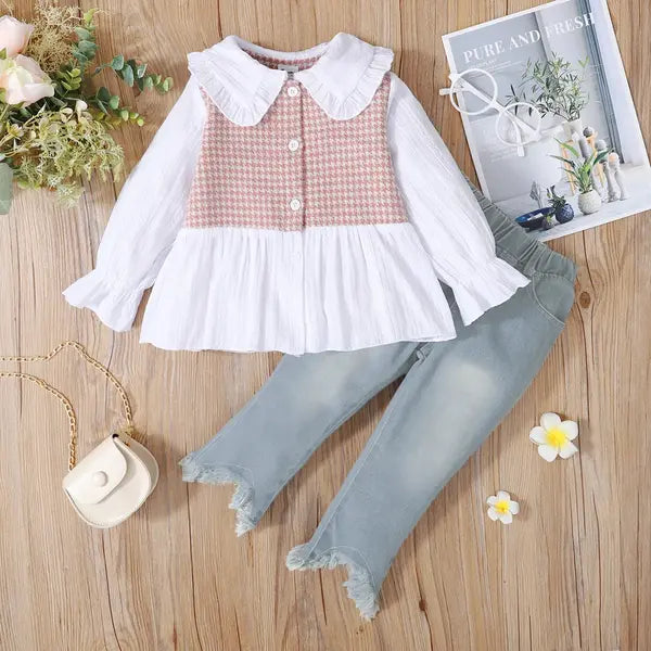 PATPAT 2-piece Toddler Girl Doll Collar Tweed Splice Long-sleeve Top and Ripped Hem Denim Jeans Set