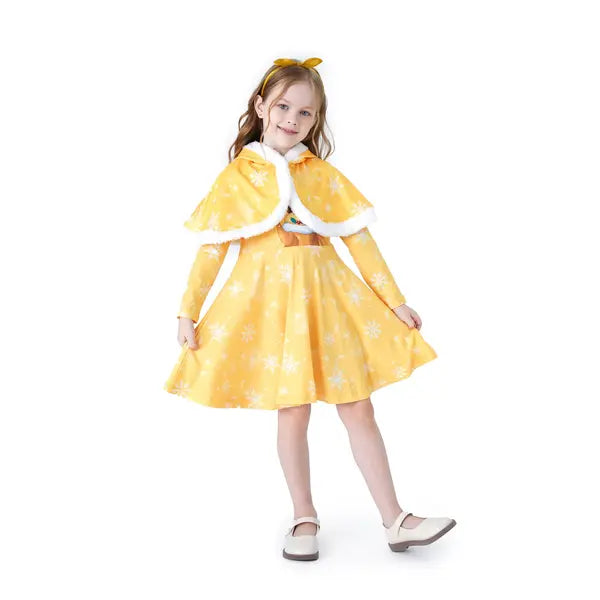 PATPAT Disney Princess Toddler Girl Naia™ Character Print Long-sleeve Dress and Hooded Allover Snowflake Print Cloak Set Yellow