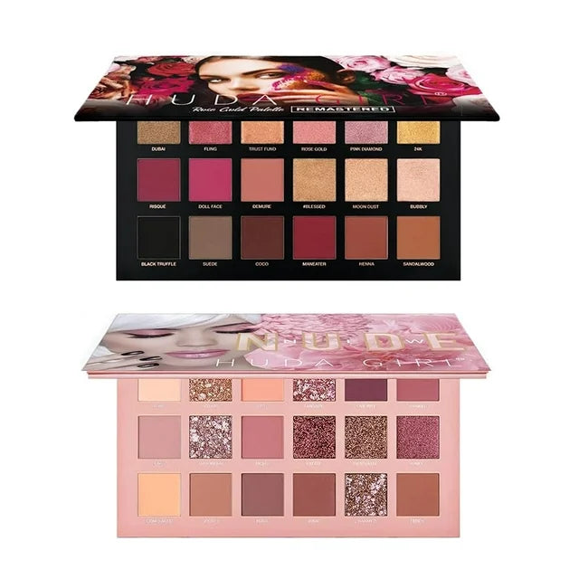 HUDA GIRL Beauty Rose Gold Remastered + Nude Edition Eyeshadow Palette Combo Kit - 36 Matte and Shimmer Finishes, Includes Black Eyeshadow - Complete Eye Shadow Palette Set