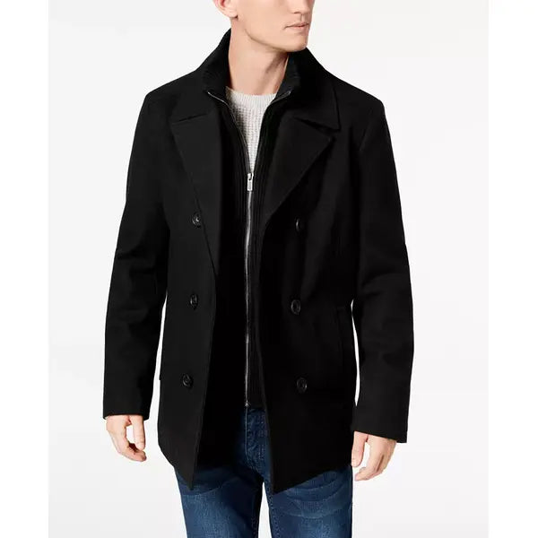 Men's Double Breasted Wool Blend Peacoat with Bib