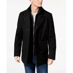 Men's Double Breasted Wool Blend Peacoat with Bib