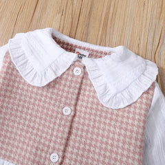 PATPAT 2-piece Toddler Girl Doll Collar Tweed Splice Long-sleeve Top and Ripped Hem Denim Jeans Set