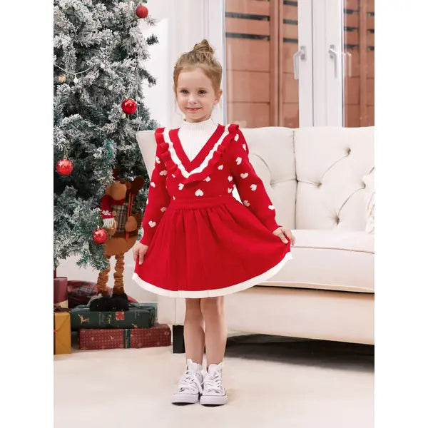 PatPat Toddler Girl 2pcs Heart Print Sweater Skirt set Red