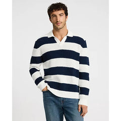 Express Striped Waffle Knit Cotton Johnny Collar Sweater