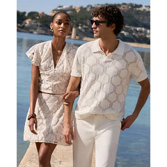 Express Geo Open Knit Johnny Collar Short Sleeve Sweater Polo