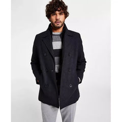 Men's Double Breasted Wool Blend Peacoat with Bib