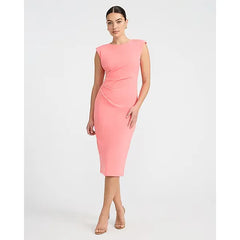Express Crepe Crew Neck Cap Sleeve Ruched Midi Sheath Dress