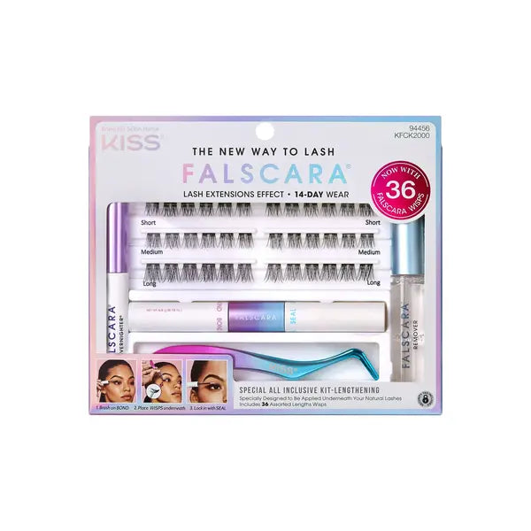 KISS Falscara Starter Kit Deluxe, Lash Extension Kit, Lengthening Wisps, 10mm-12mm-14mm, 36 Lash Clusters