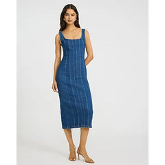 Express Stretch Denim Scoop Neck Seamed Midi Dress
