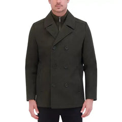 Men's Double Breasted Wool Blend Peacoat with Bib