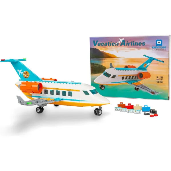 Brick Loot Vacation Airlines Passenger Airplane Building Blocks Set – Includes Airport Terminal, Boarding Stairs, and 7 Minifigures – Compatible with Lego – Gift for Kids Ages 6+