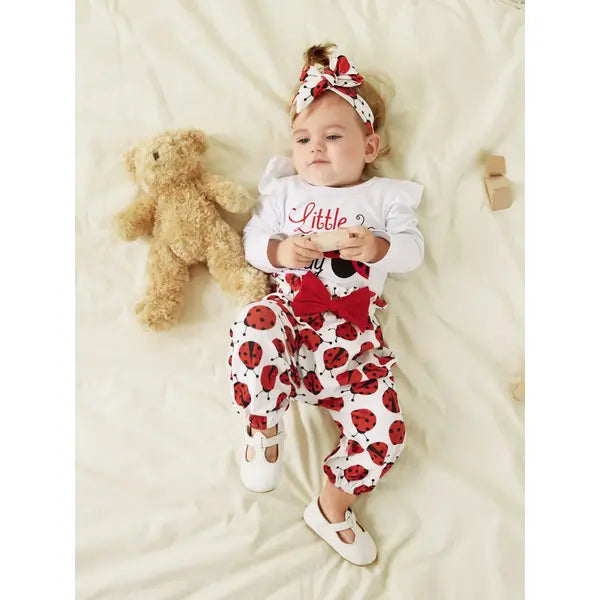Patpat Baby Girl Clothes 3pcs Ladybug Letter Print Romper and Bowknot Trousers with Headband Set