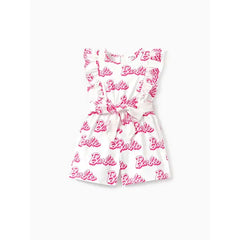 PATPAT Barbie Toddler Girl Cotton Letter Print Ruffled Belted Rompers Multicolor